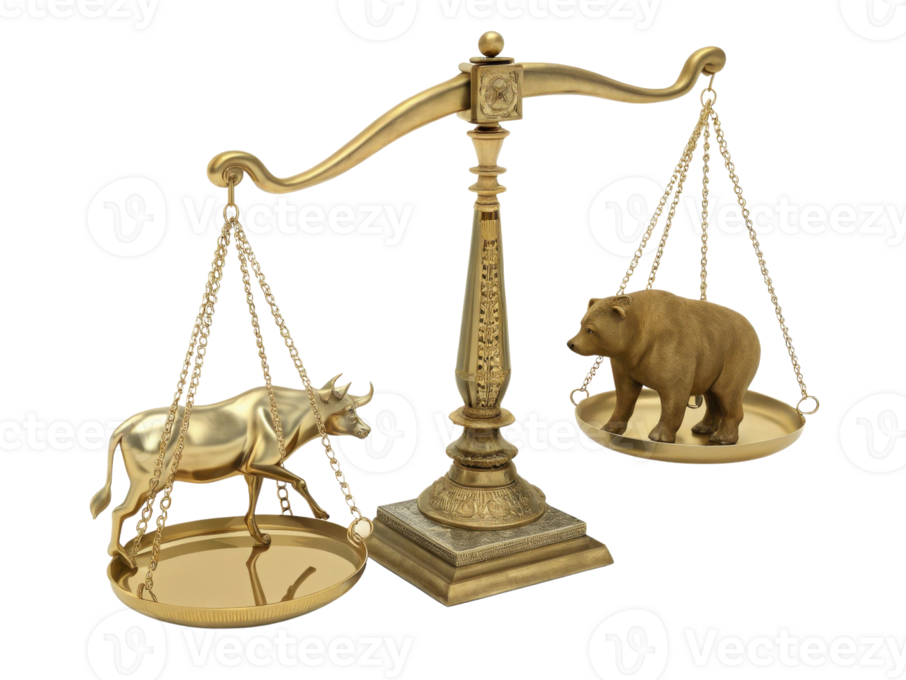 Balance between bull and bear symbolizes market fluctuations, showcasing dynamic nature of trading and investment png
