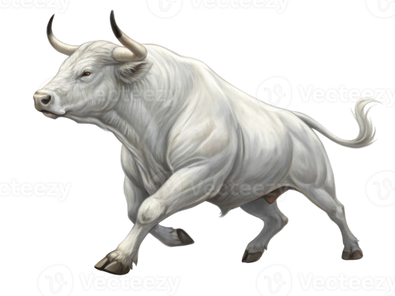 Powerful white bull stands confidently, embodying strength and vitality in vibrant market setting png