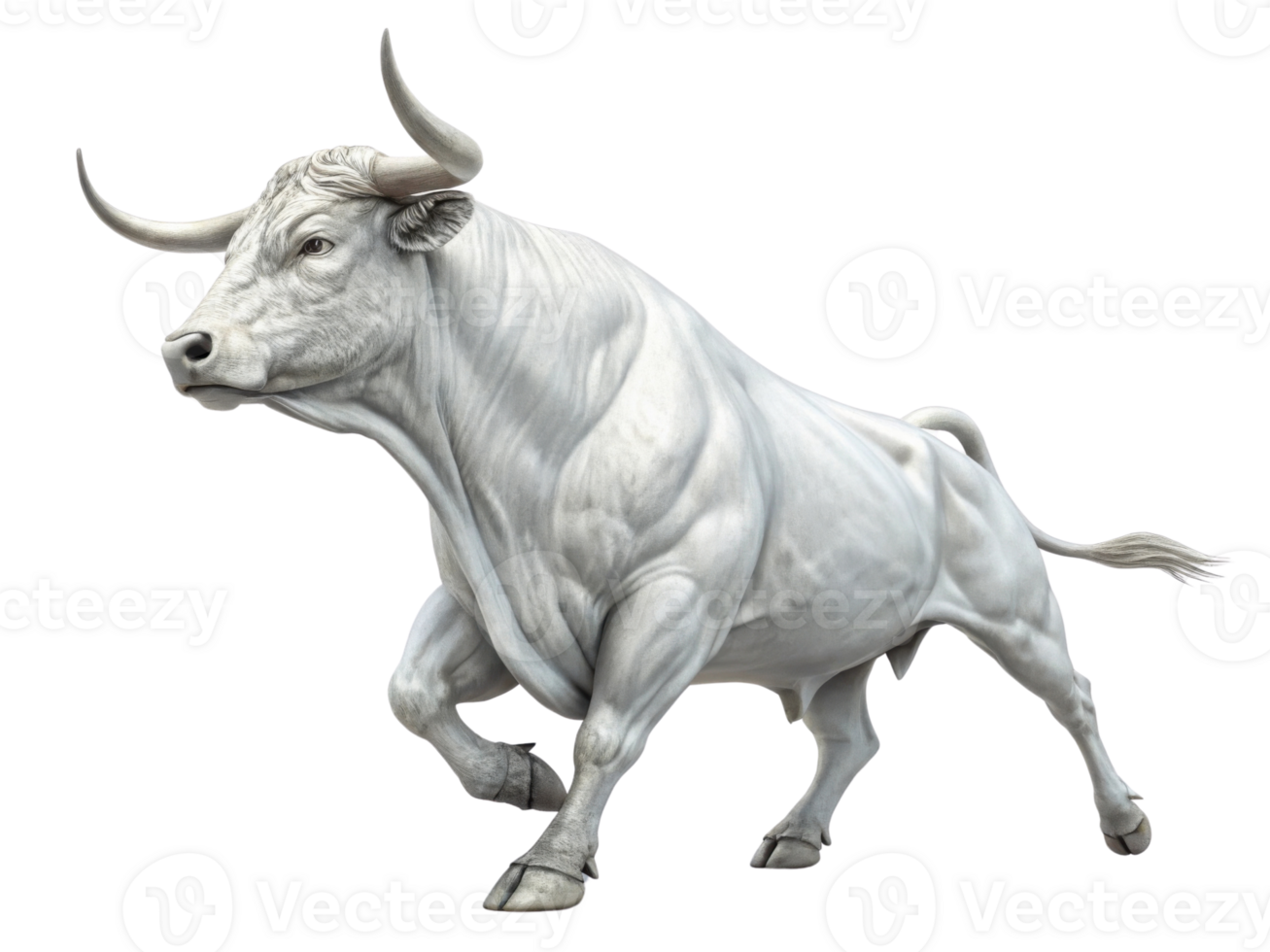 Powerful bull stands majestically, showcasing its strength and grace in dynamic pose. This magnificent creature embodies spirit of market png