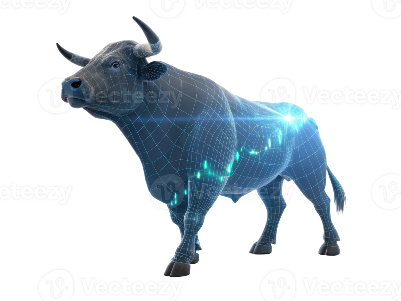 Digital bull symbolizes thriving market, showcasing growth and prosperity in finance. This representation highlights strength and optimism png