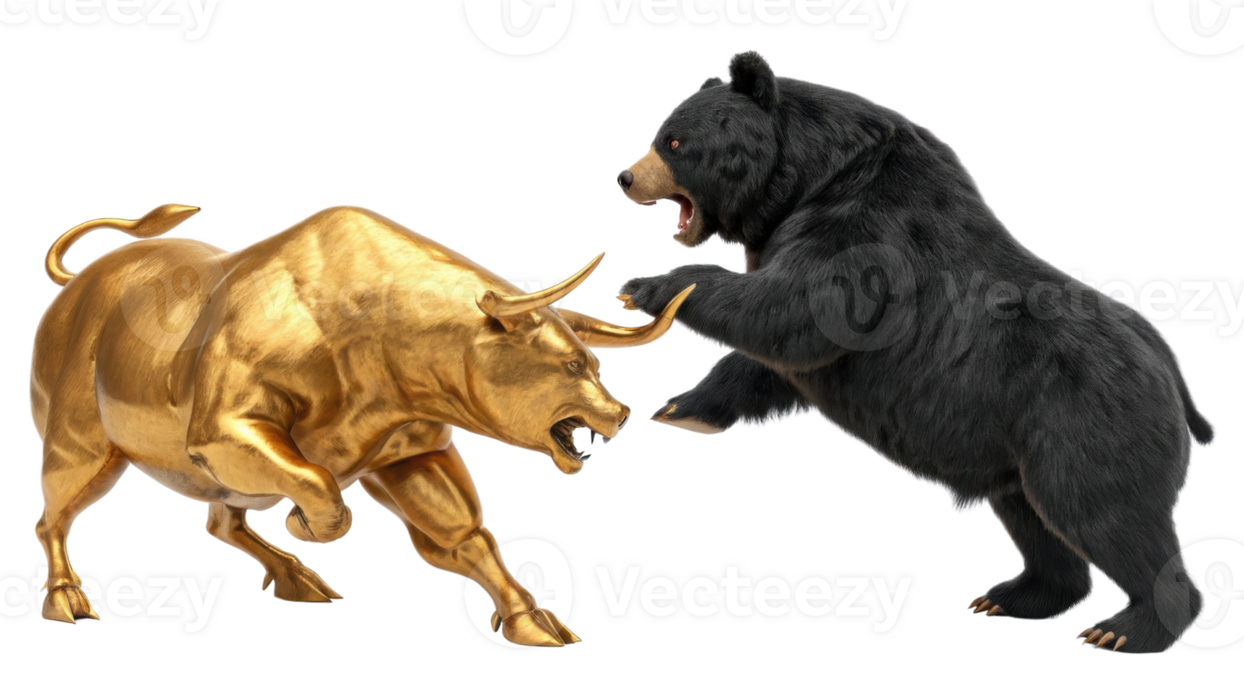 Fierce bull and powerful bear symbolize dynamic tension in market, representing both bullish and bearish trends png
