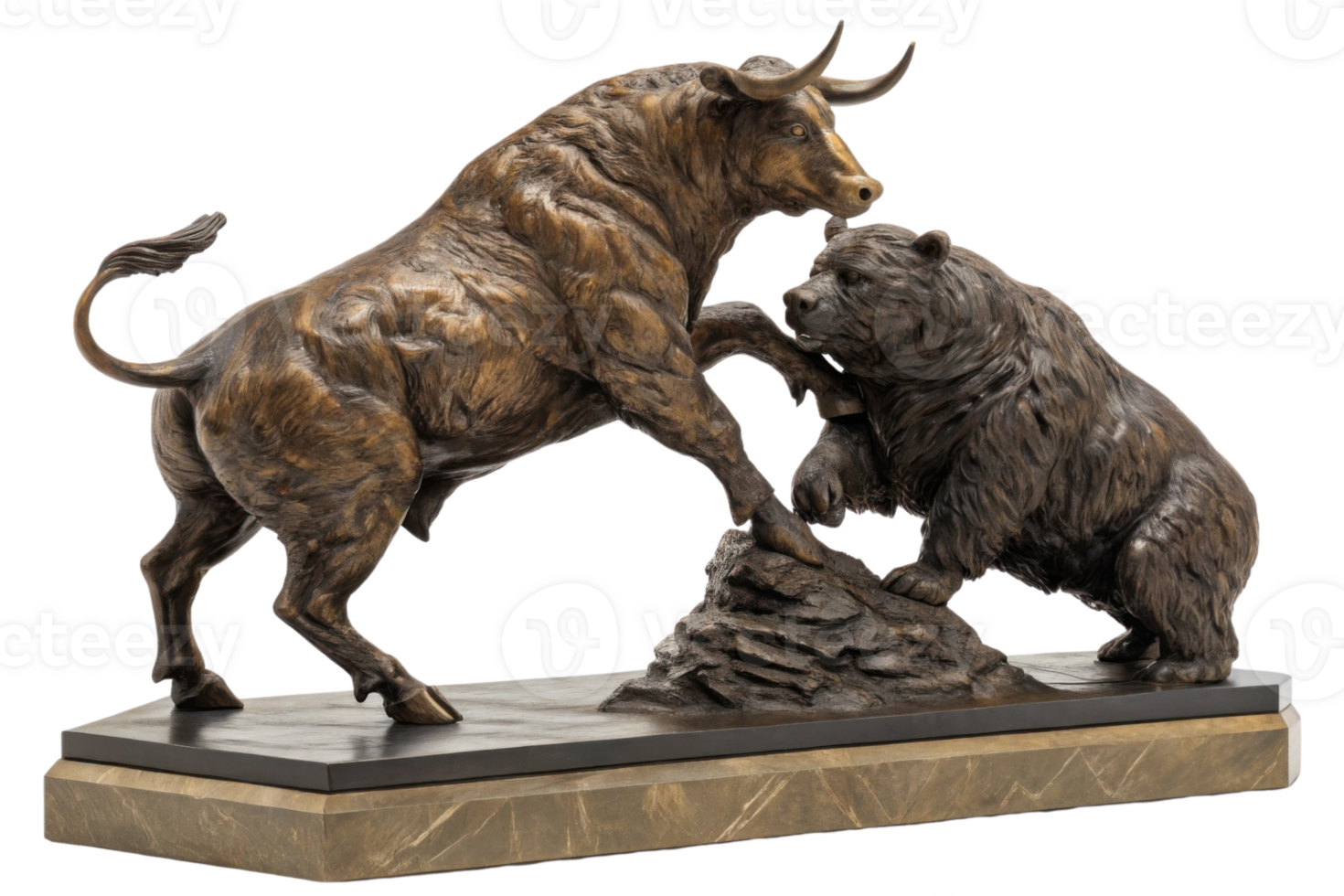 Stunning sculpture depicts bull and bear in dynamic pose, symbolizing market volatility and ongoing struggle between opposing forces png