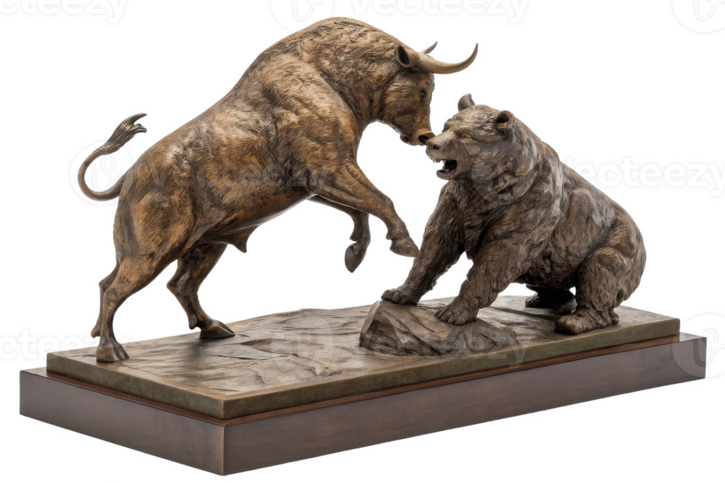 Striking sculpture depicts bull and bear in dynamic market confrontation, symbolizing ongoing battle between bullish and bearish trends png