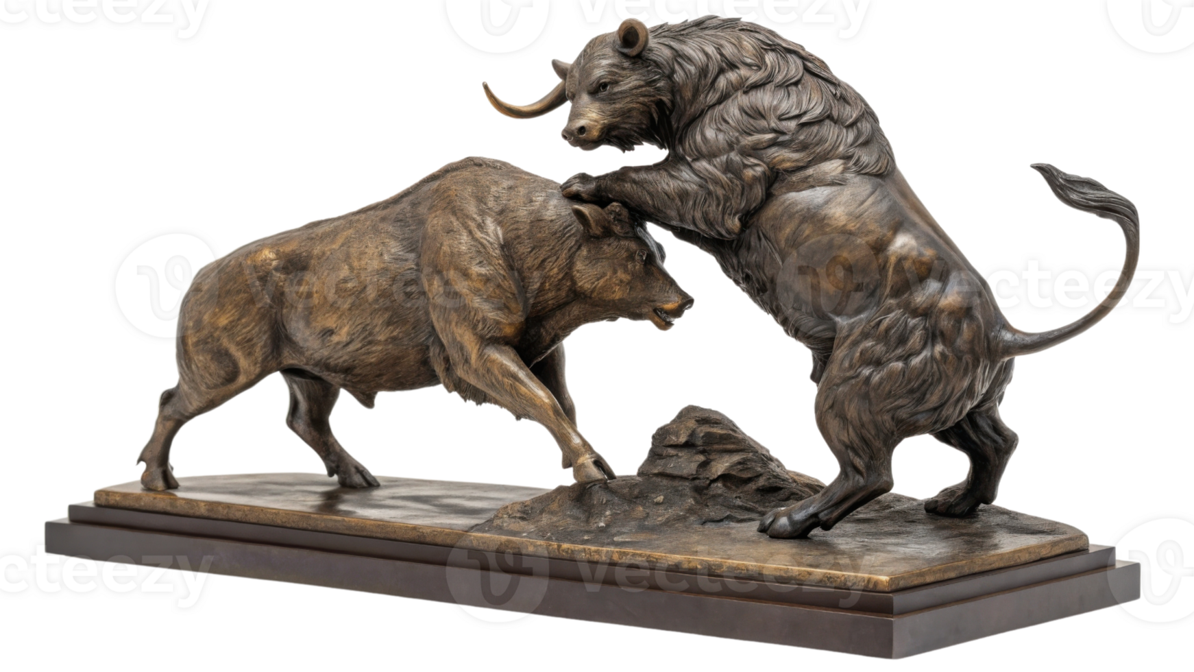 Dynamic sculpture captures fierce struggle between bull and bear, symbolizing volatility of market png