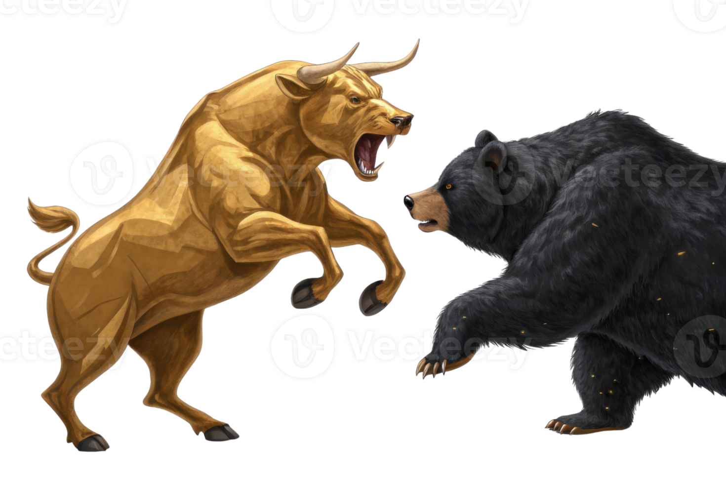 Bull and bear represent dynamic tension in market, showcasing struggle between rising and falling trends png