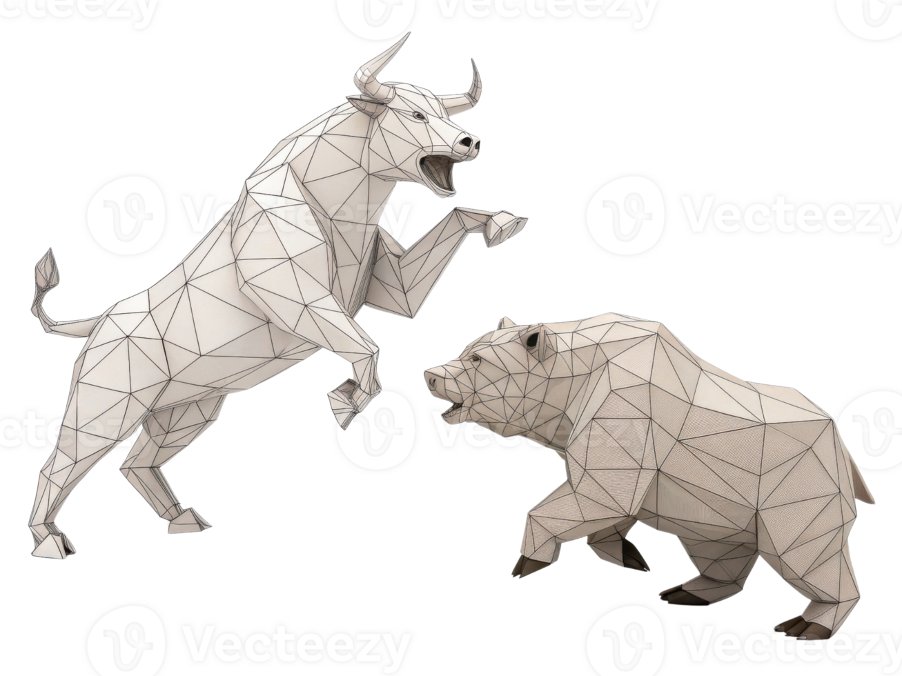 Dynamic interaction between bull and bear symbolizes contrasting forces in market, showcasing tension between growth and decline png