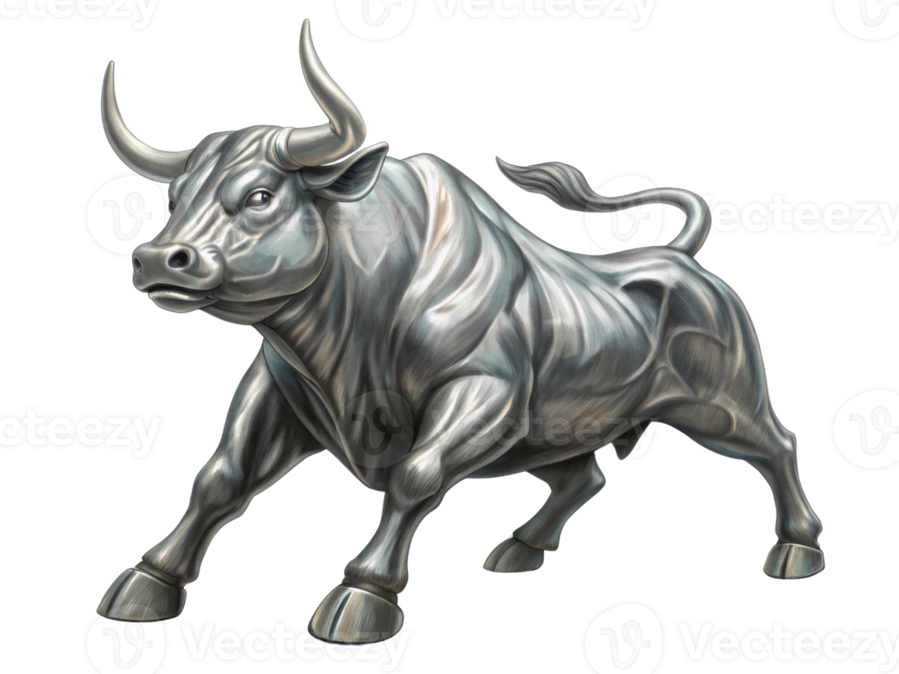Powerful silver bull symbolizes strength and resilience in thriving market, representing growth and prosperity png