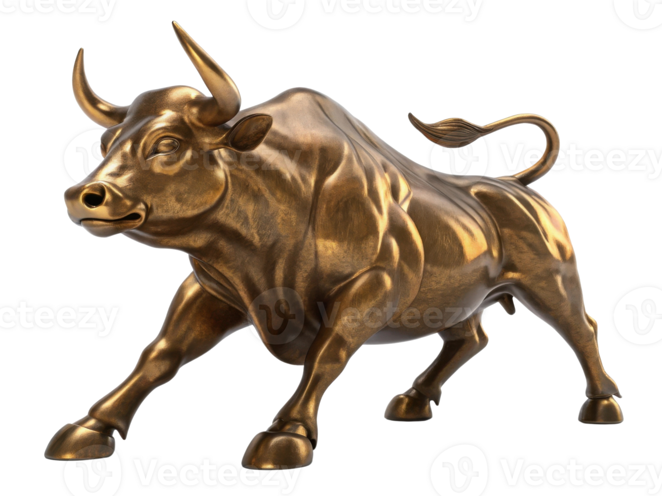 Stunning bronze bull sculpture symbolizes strength and resilience thriving market. This artwork captures essence of prosperity and determination png