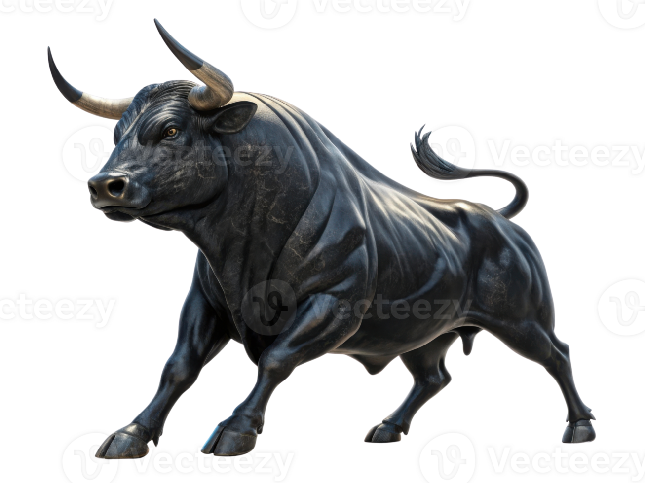 Powerful black bull stands confidently in dynamic pose, symbolizing strength and vitality in vibrant market environment png