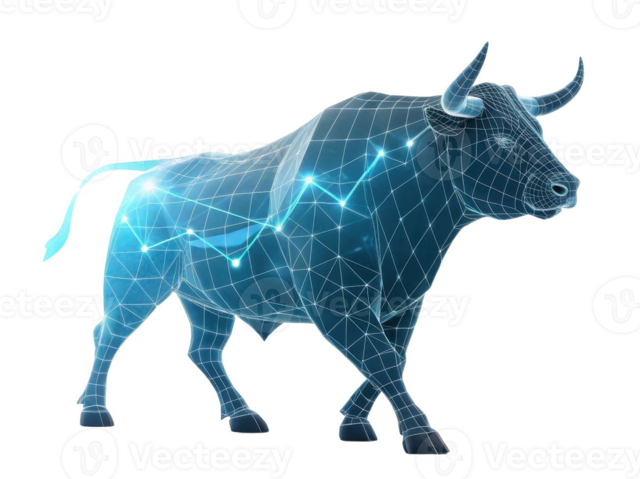 Digital bull symbolizes strength and growth in market, representing bullish trend in finance and investment png