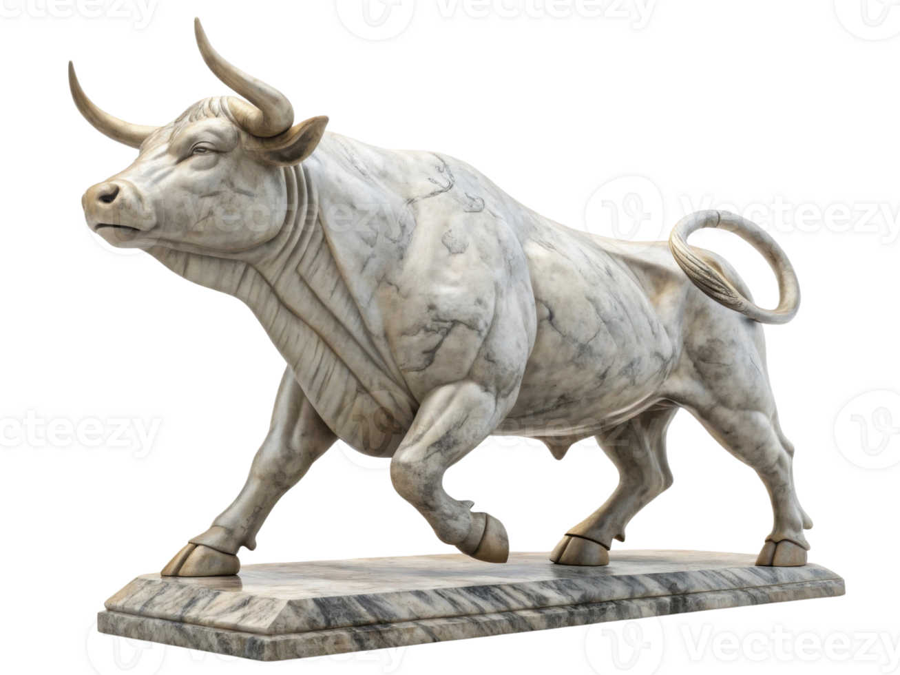 Majestic bull sculpture stands proudly on marble base, symbolizing strength and resilience in thriving market png