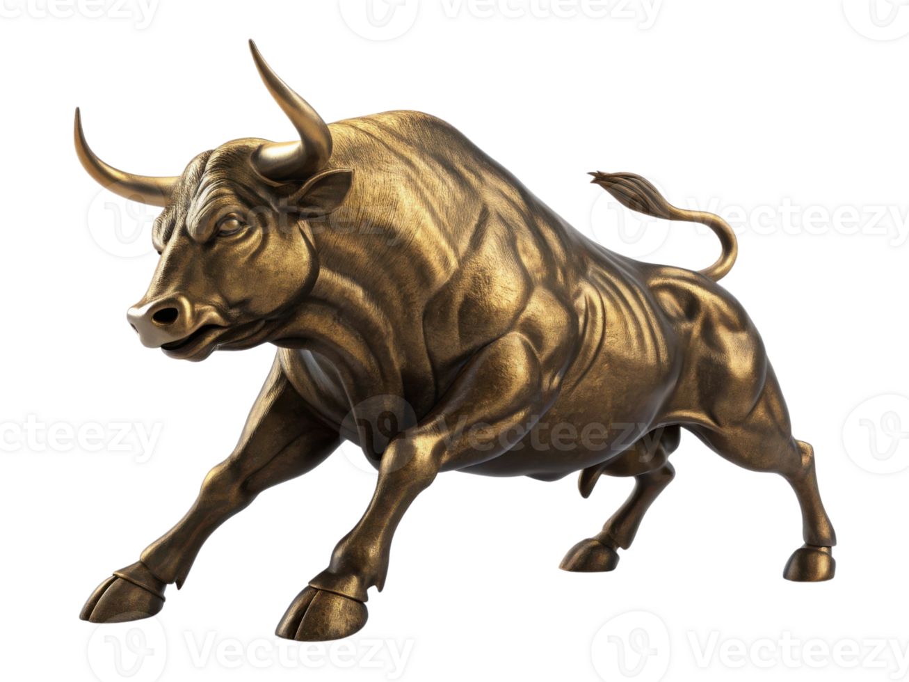 Majestic golden bull symbolizes strength and prosperity in vibrant market. This powerful figure represents financial growth and optimism png