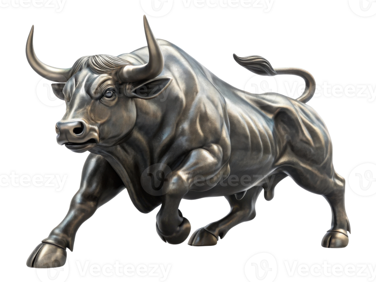 Powerful bull statue symbolizes strength and resilience thriving market environment. This striking piece captures essence of determination png