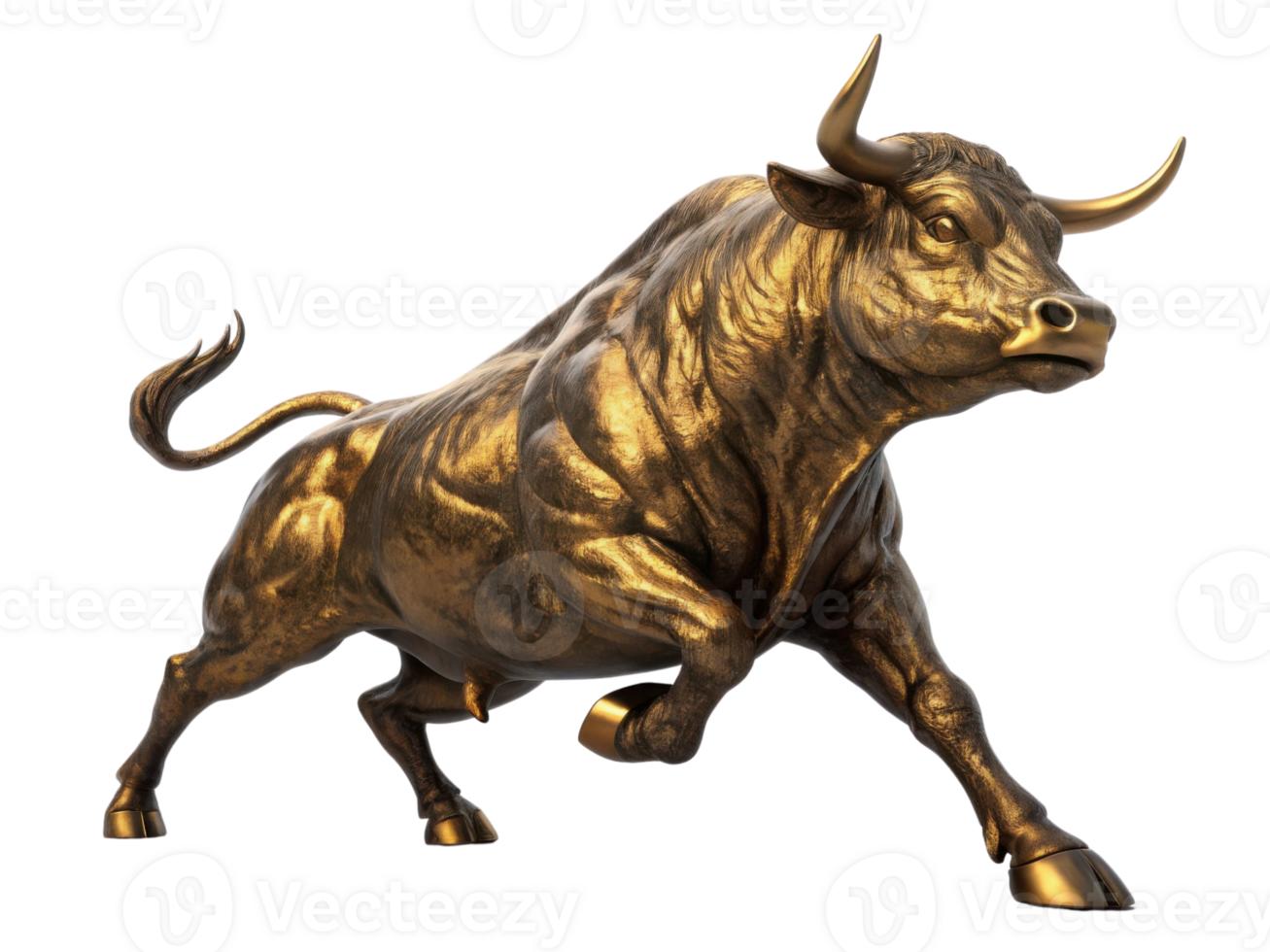 Majestic golden bull symbolizes strength and prosperity in thriving market. This powerful figure represents financial growth and optimism png