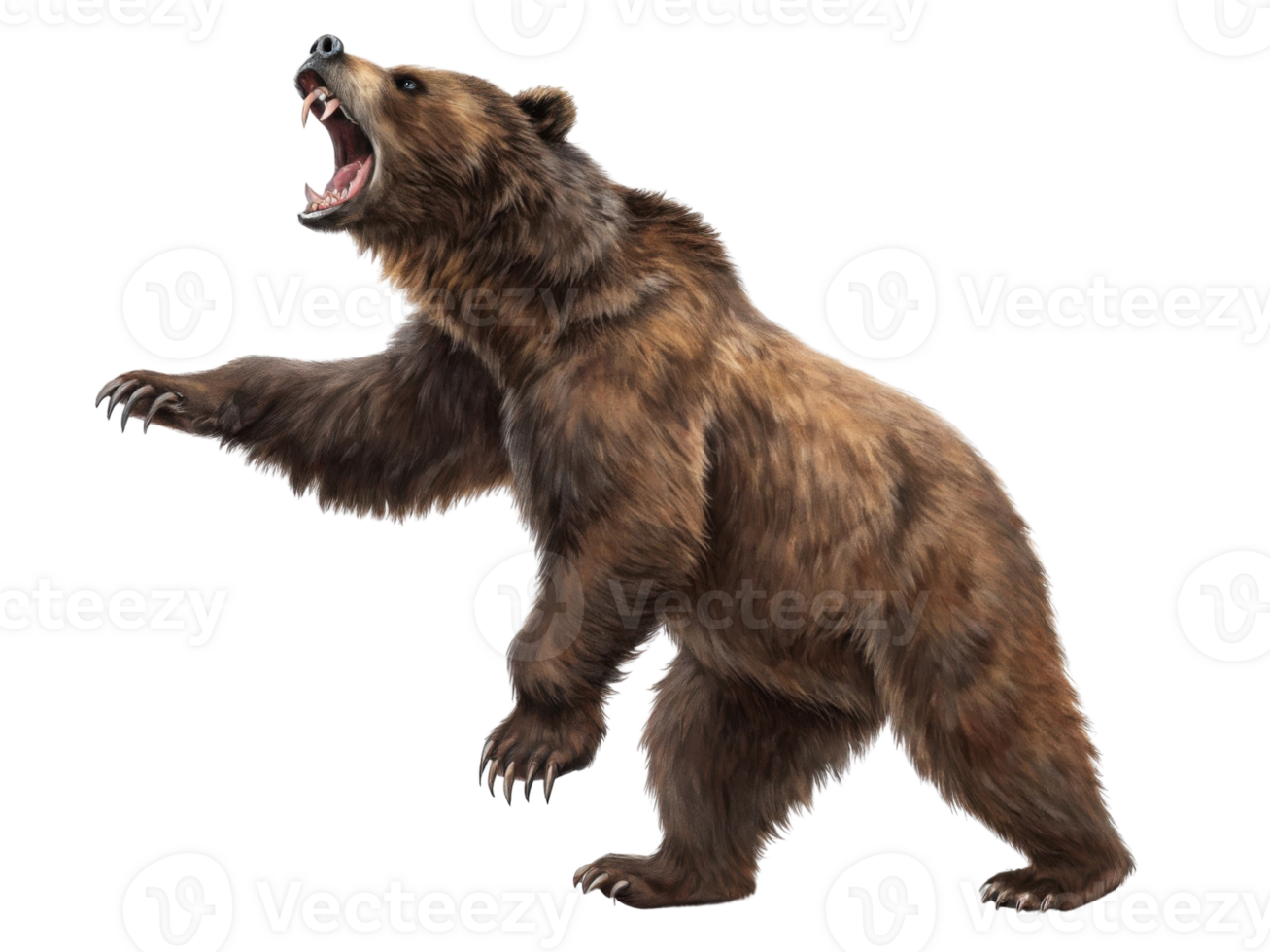 Fierce bear stands tall in powerful pose, showcasing its strength and wild nature in vibrant market setting png