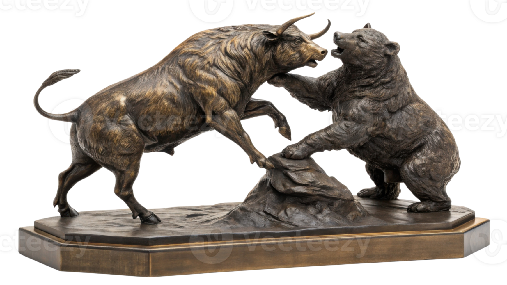 Striking sculpture depicts bear and bull in dynamic encounter, symbolizing fierce competition of market png