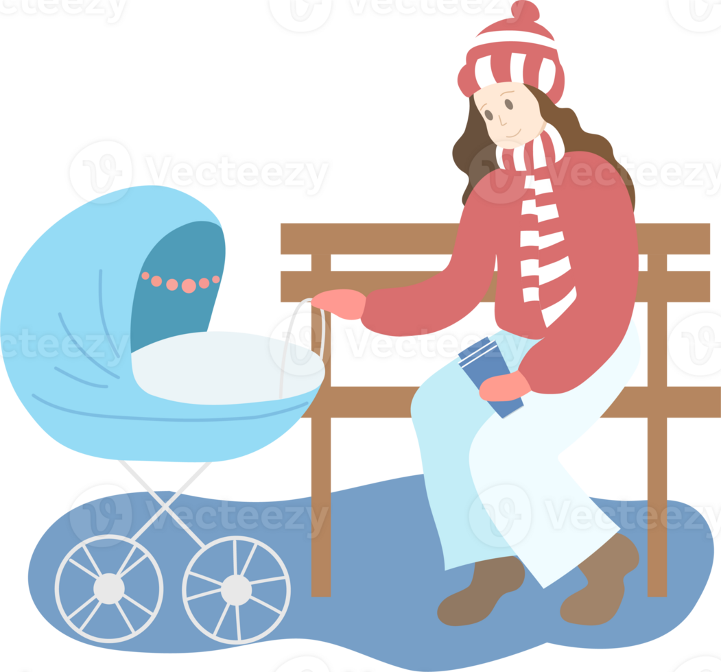 Mum with a blue baby stroller in the park. Winter season. Isolated illustration png