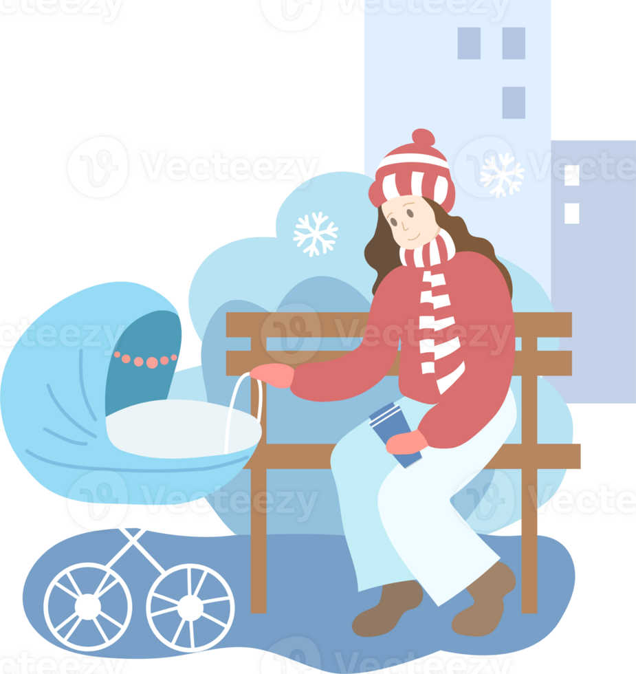 Mum with a blue baby stroller in the park. Could weather png