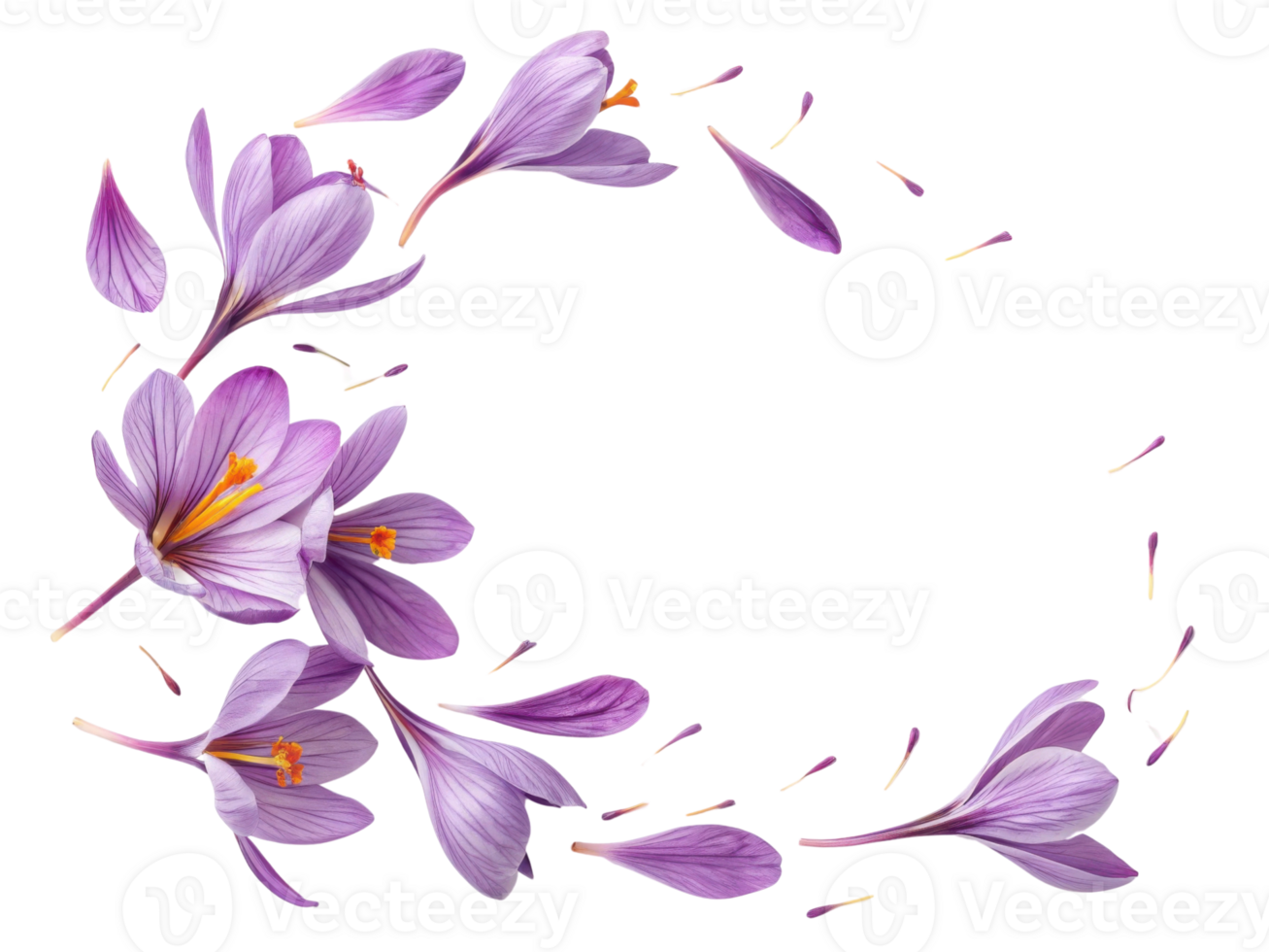 Saffron flower petals create stunning display of vibrant purple hues, showcasing nature beauty and elegance in delicate arrangement png