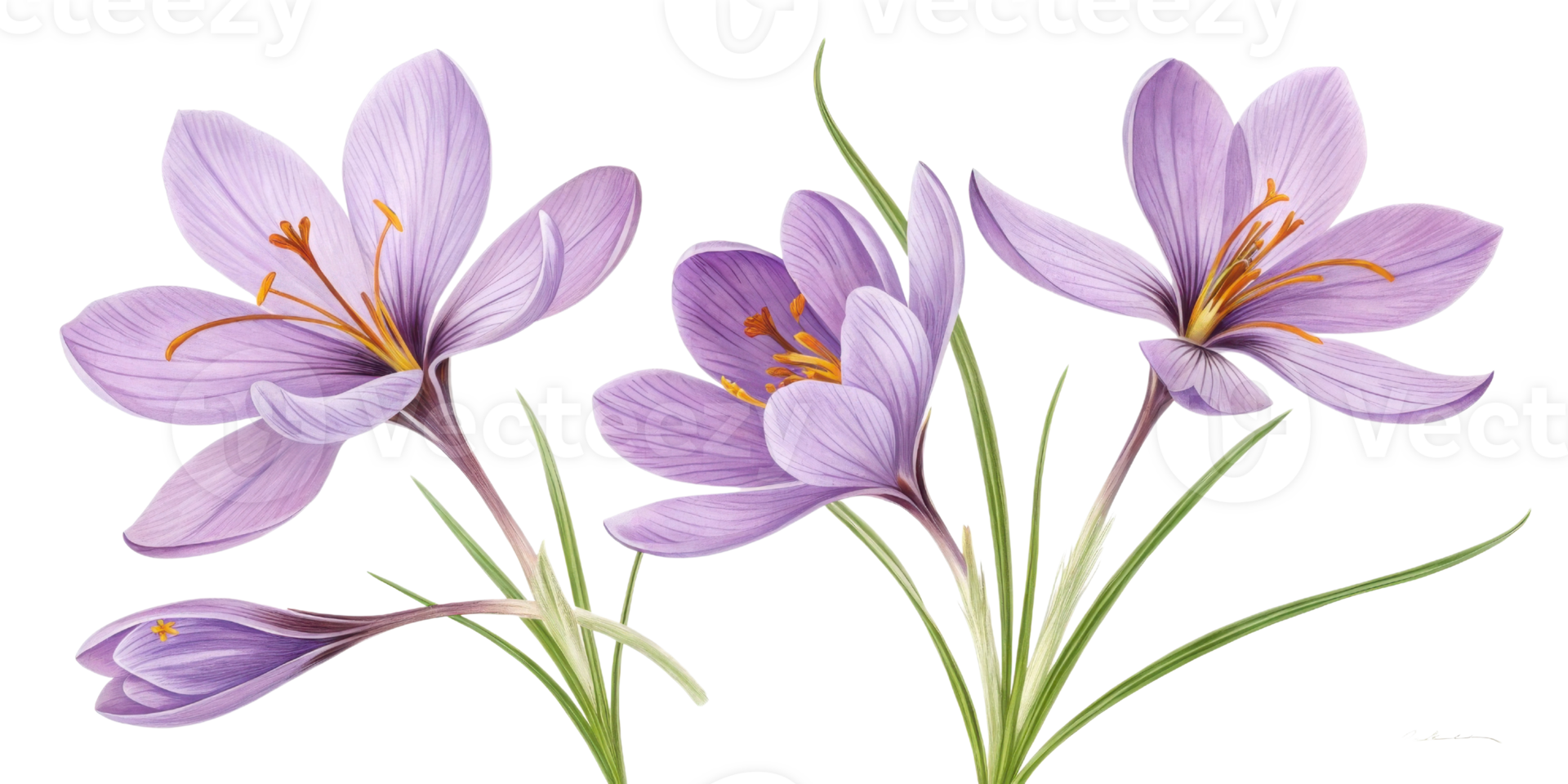 Saffron flowers bloom beautifully with delicate purple petals and vibrant orange stamens, creating stunning visual display of nature artistry png