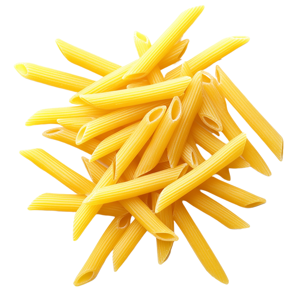A pile of uncooked penne pasta rests on a transparent background png