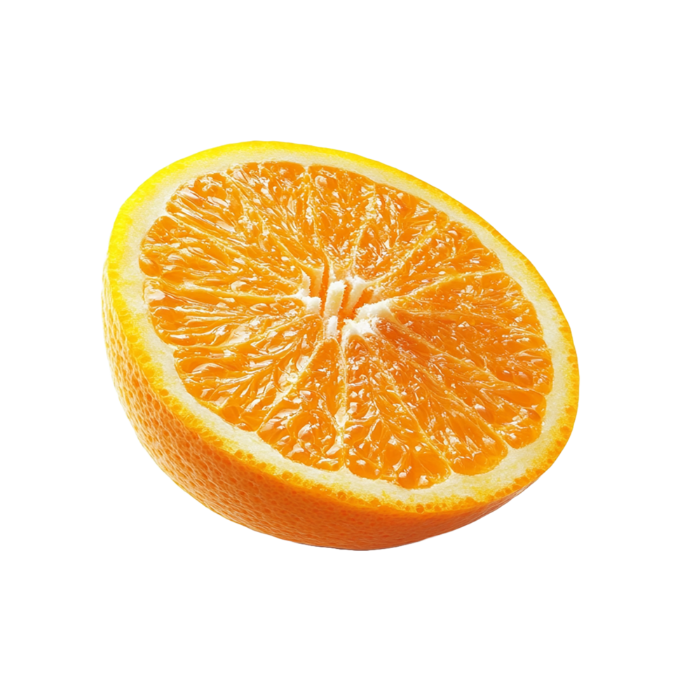 Detailed half orange displaying juicy segments and textured peel, showing freshness on transparent background png