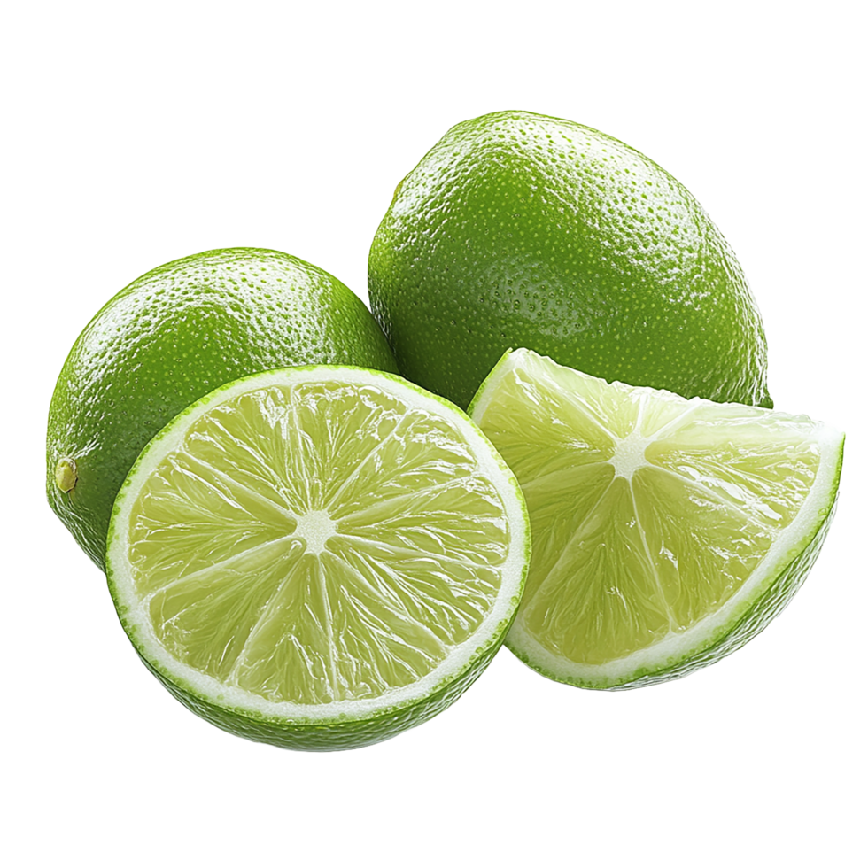 Vibrant green limes display juicy texture, cut and whole, on a transparent background png