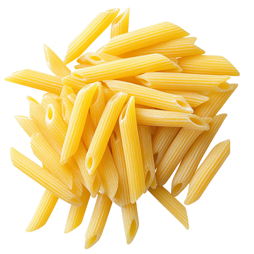 A heap of dry yellow penne pasta on a transparent background png