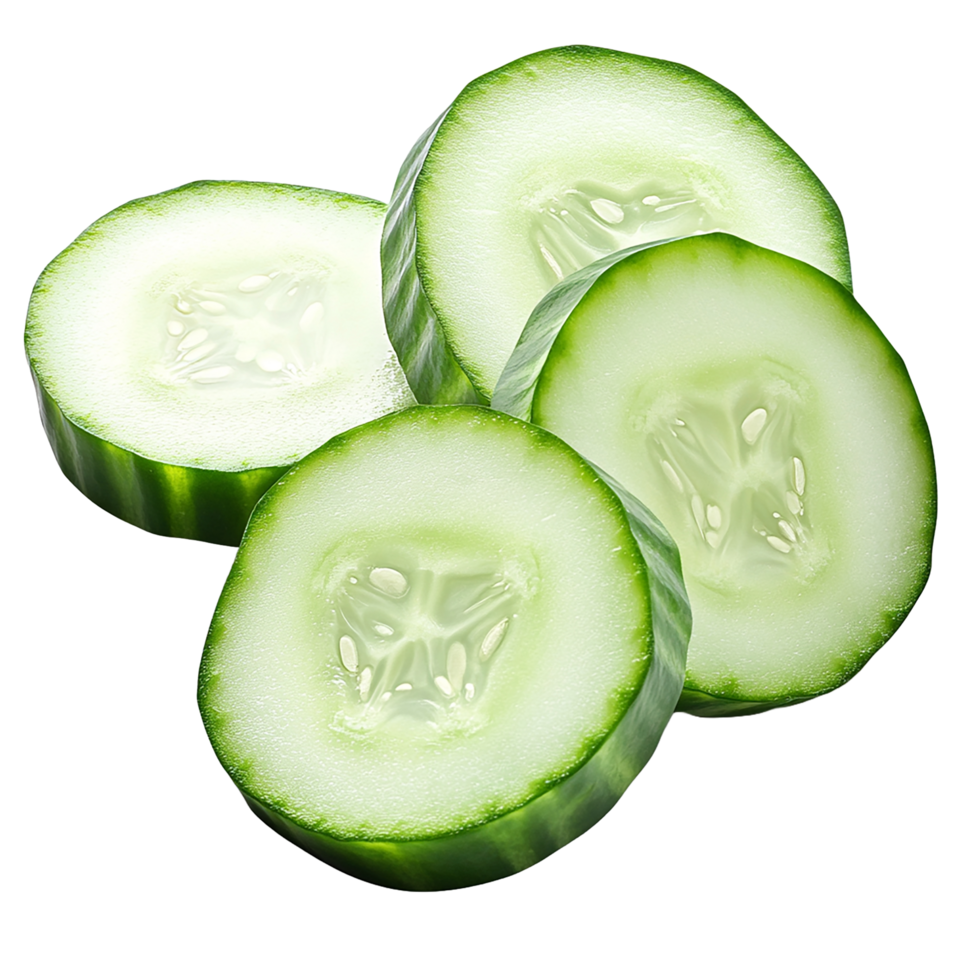 Sliced cucumbers show fresh cut details on transparent background png
