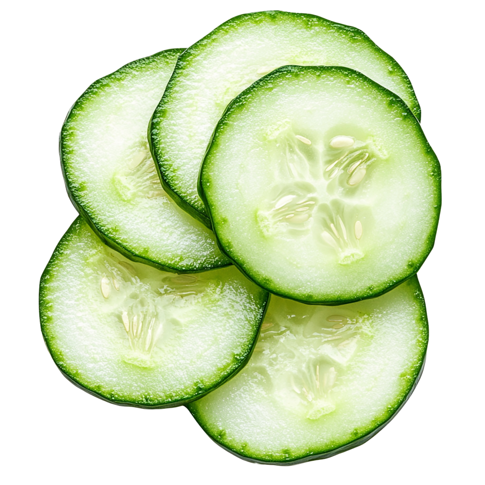 Green cucumber slices are stacked neatly on transparent background png