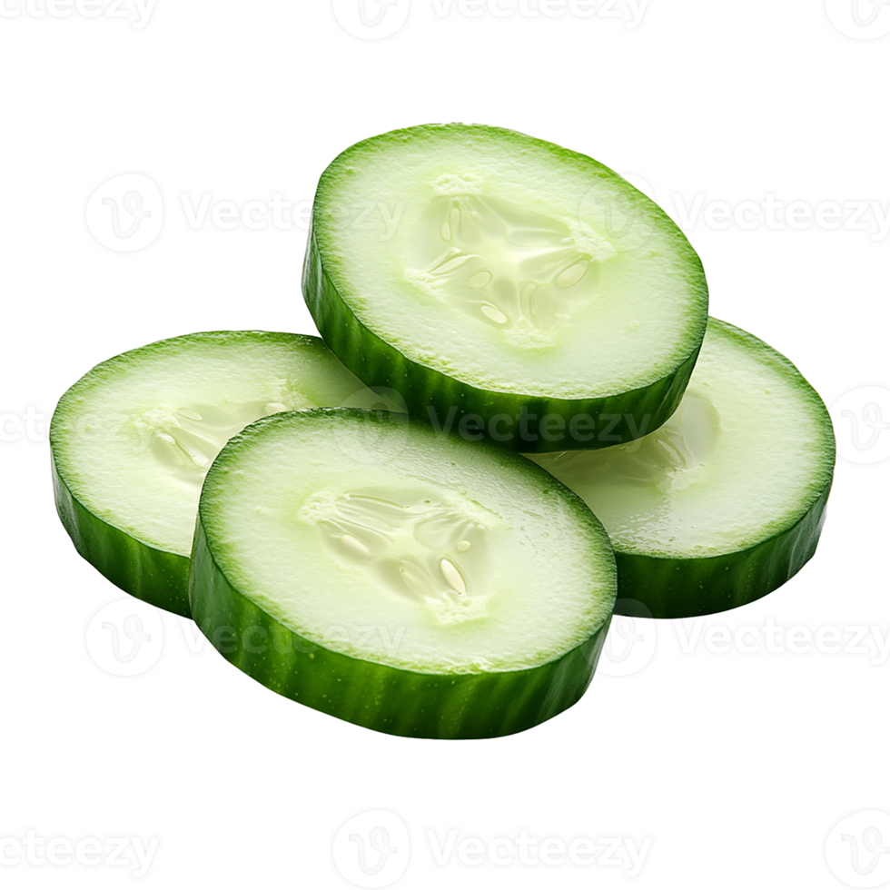 Four green cucumber slices are stacked together on transparent background png