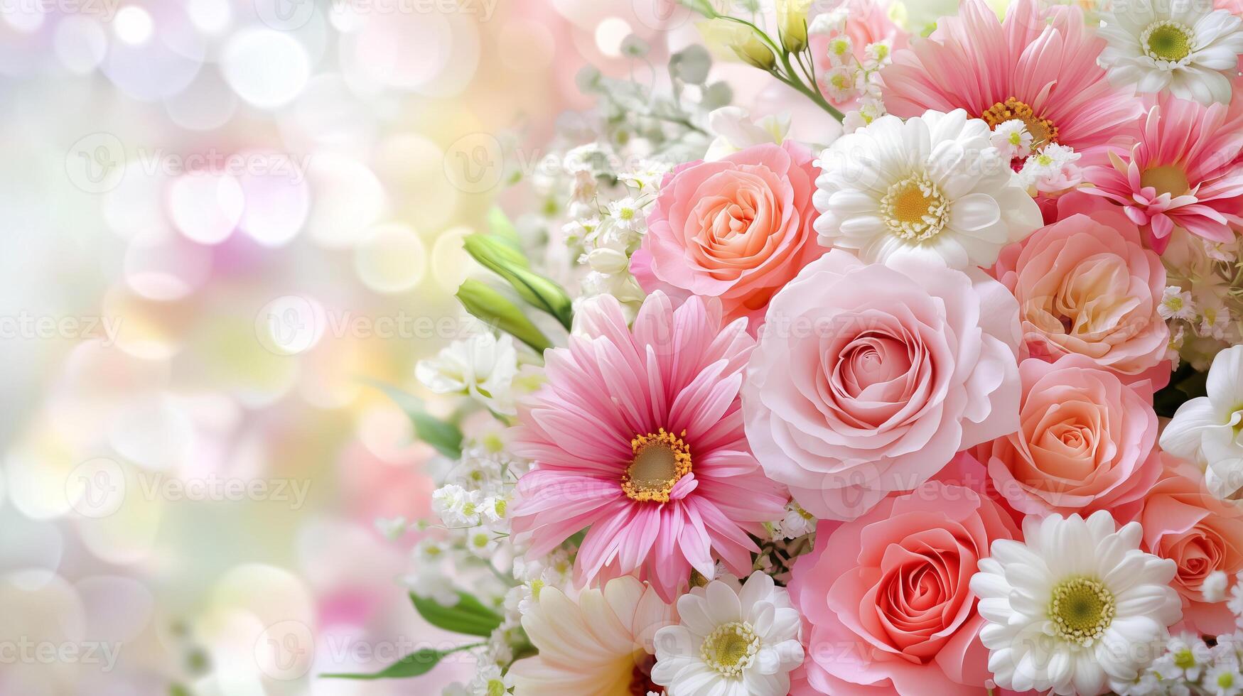 A vibrant bouquet of pink roses, daisies, and gerbera flowers set against a soft, sparkling background in a romantic atmosphere photo
