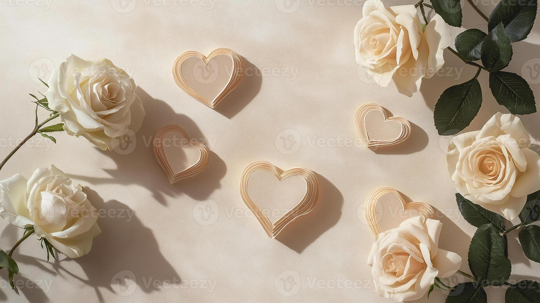 A white rose is surrounded by a bunch of hearts photo