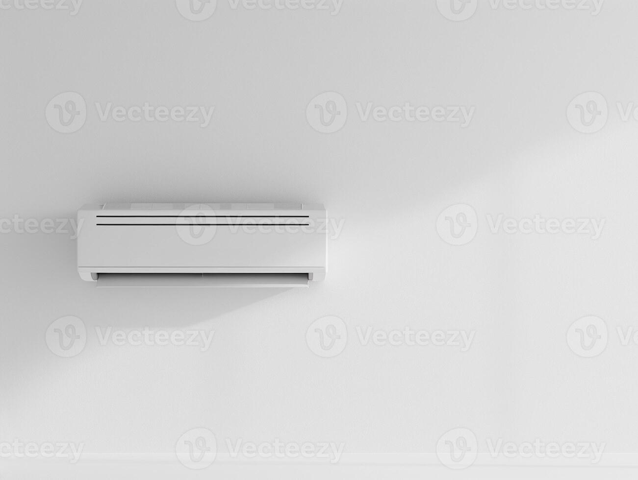 A white air conditioner is mounted on the wall photo