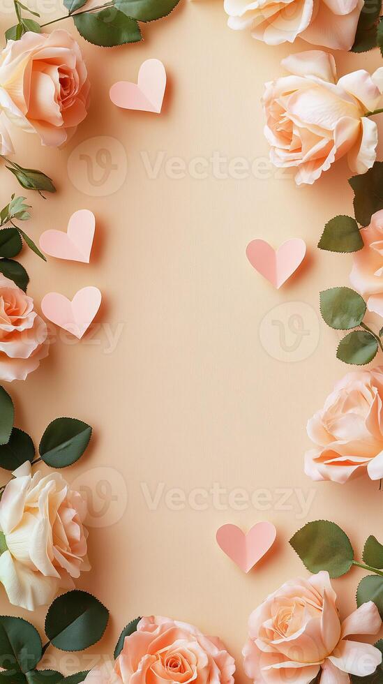 A wooden frame with pink roses and hearts surrounding it photo