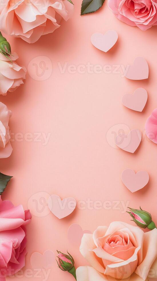 A pink background with a bunch of roses and hearts photo