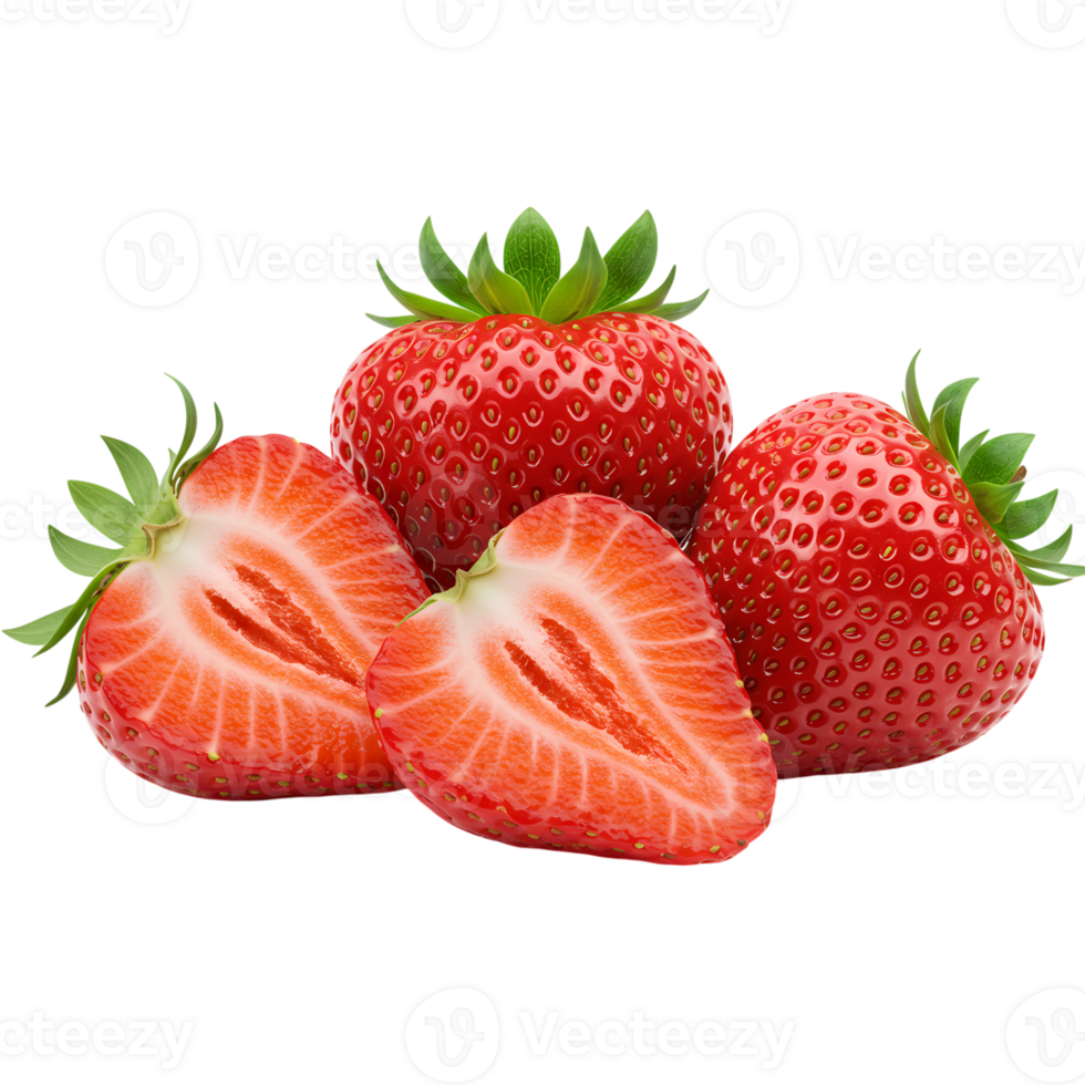 Fresh ripe strawberries and sliced halves arranged in a pile, showcasing vibrant red color, juicy texture, and green leafy tops png