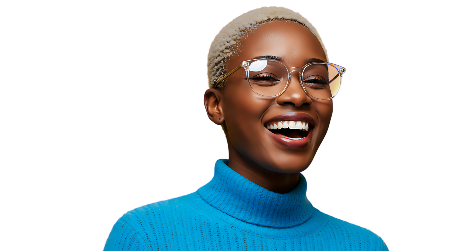 Stylish woman wearing glasses and blue turtleneck smiling joyfully png