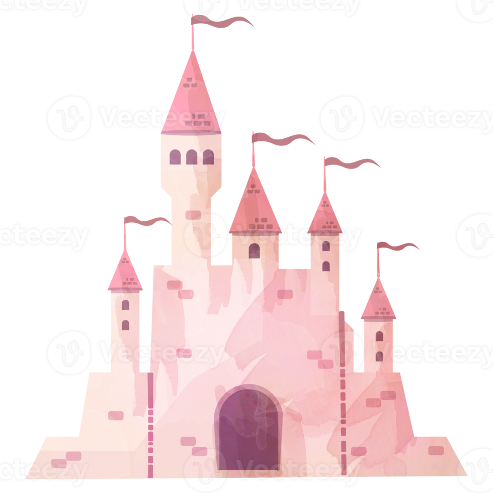 A fantasy pink castle building. Textured fairy watercolor illustration. png