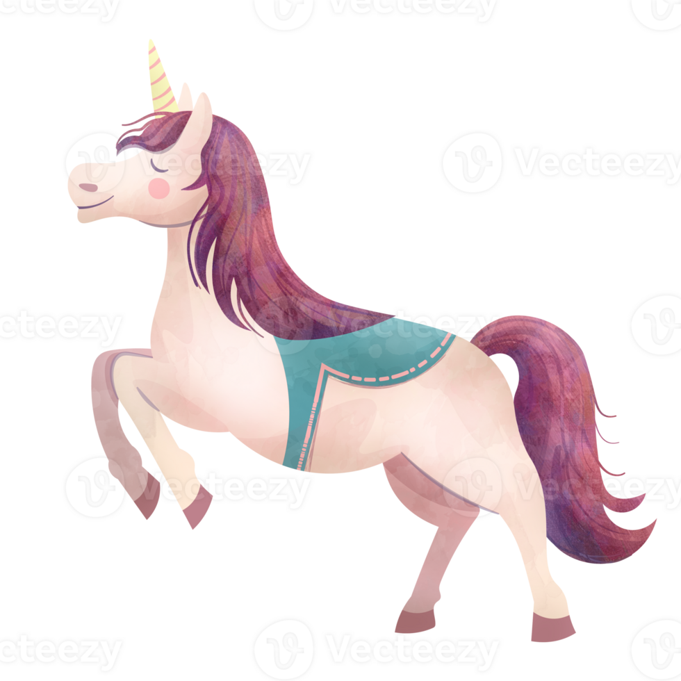 A cartoon unicorn character with a teal saddle on its back. The unicorn is standing on its hind legs and smiling. Dreamy watercolor textured illustration. png