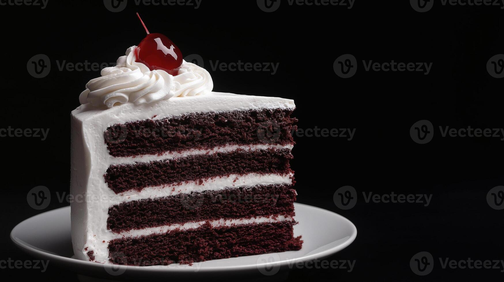 Classic Chocolate Cake Slice with Whipped Cream and Cherry photo