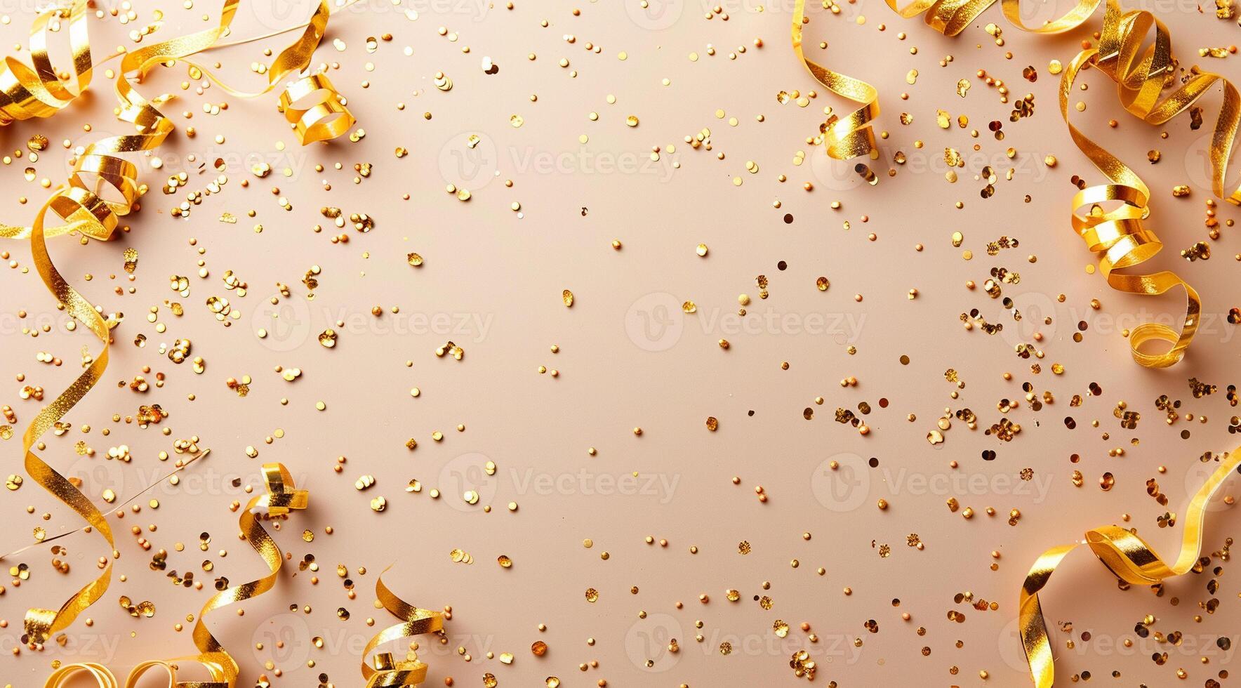 A gold coloured background with gold streamers and gold confetti photo
