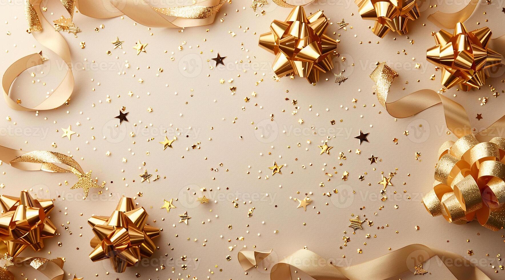A gold and white background with a bunch of gold bows and stars photo