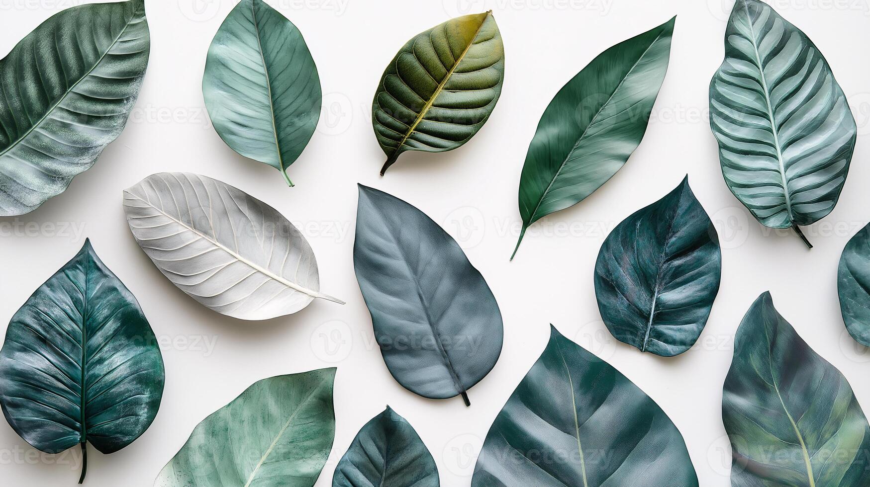 A collection of green leaves are arranged in a pattern on a white background photo