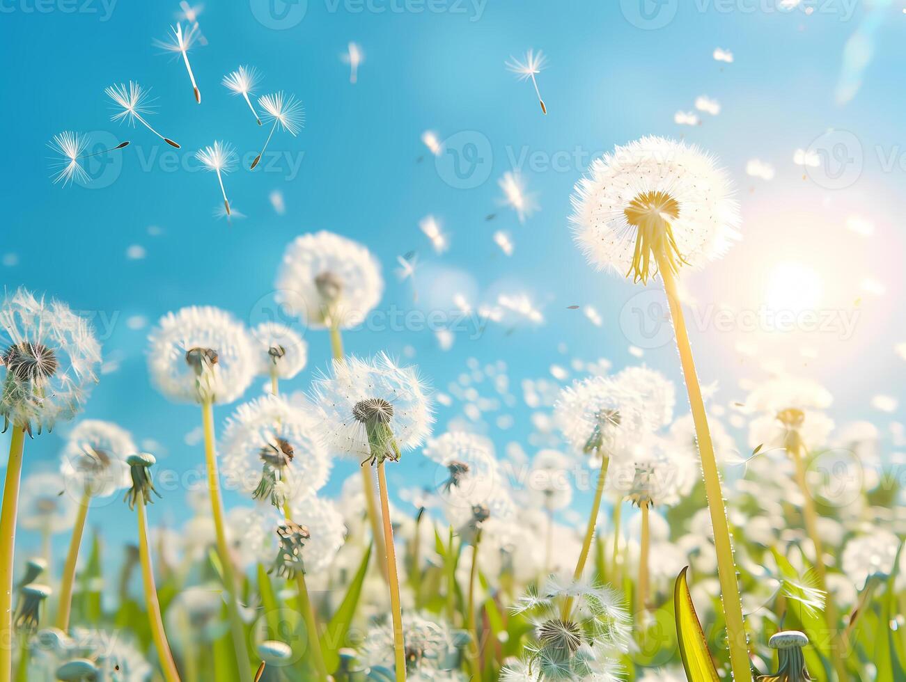 A field of dandelions with a blue sky in the background photo