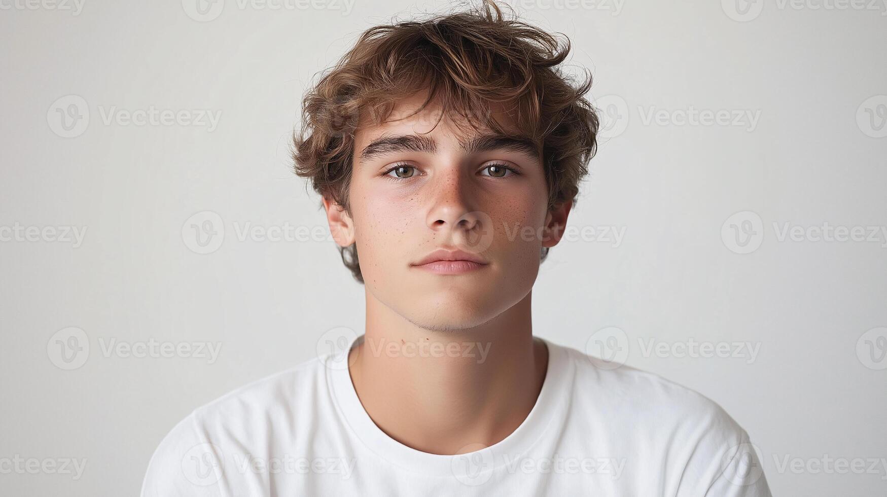 A Portrait of a Young Man with Wavy Hair and White T-Shirt photo