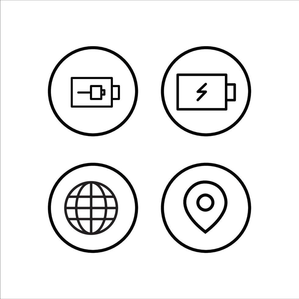 four icons of a battery, globe, and map vector