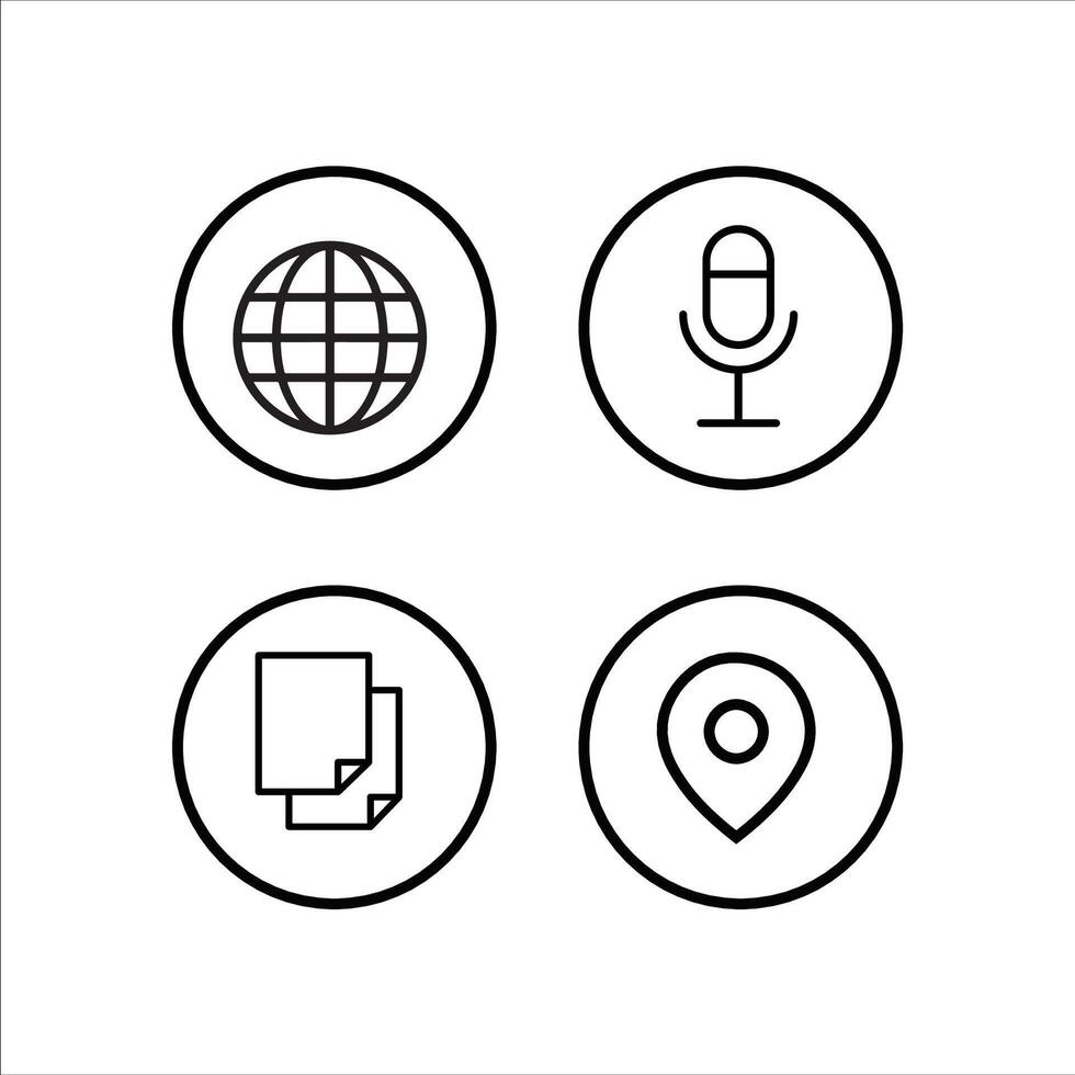 four icons of a microphone, globe, and paper vector
