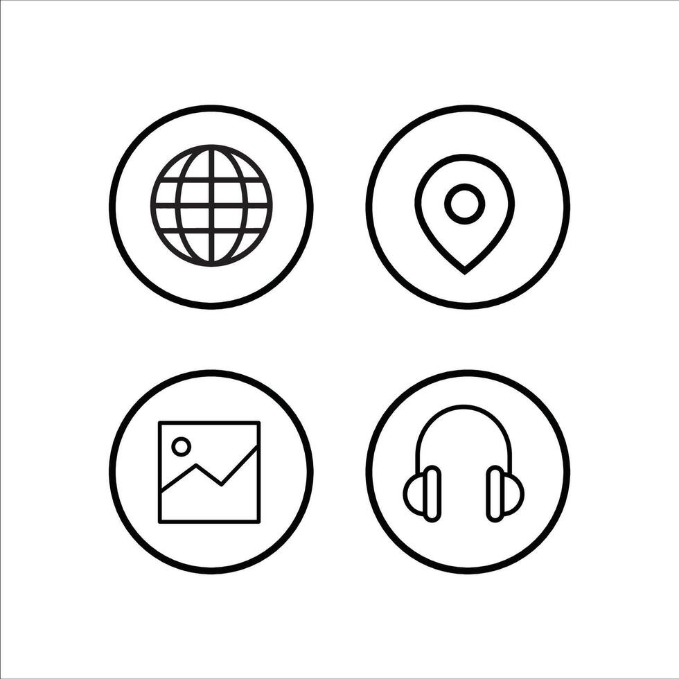 four icons of a globe, headphones, and a map vector