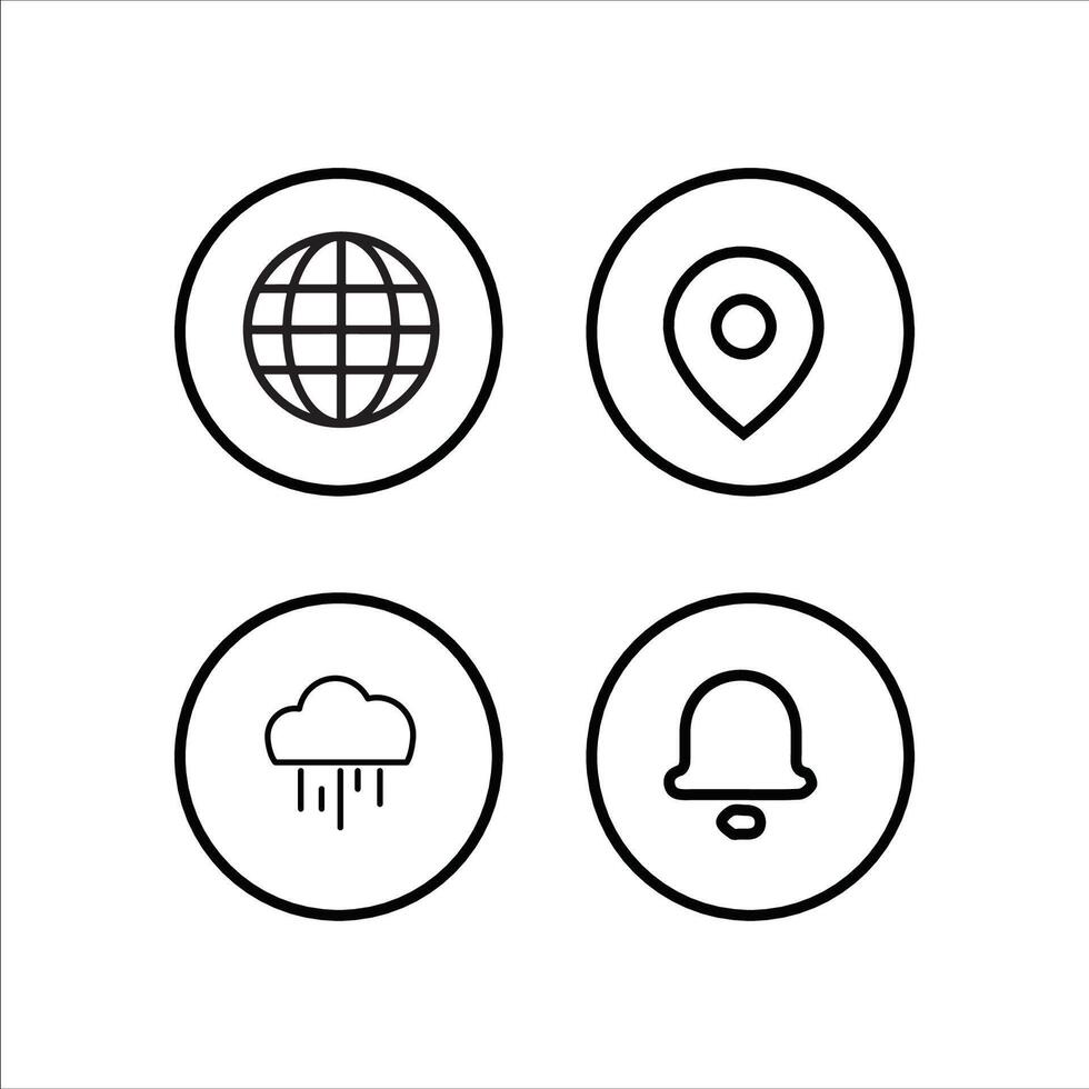 four icons of a globe, rain, and a bell vector